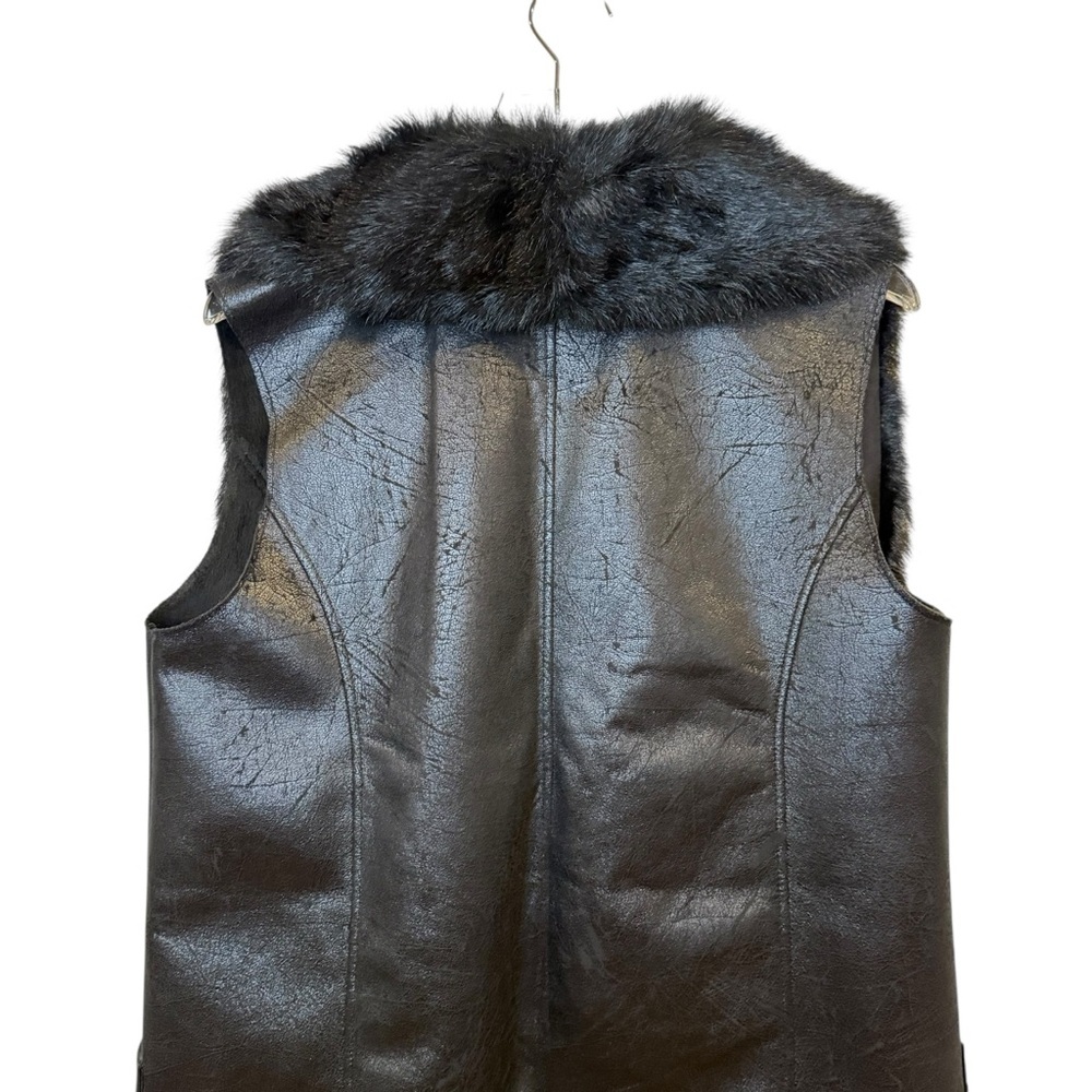 Express Black Faux Fur Oversized Collar Long Line Crackle Sueded Vest Sz L - Picture 12 of 15